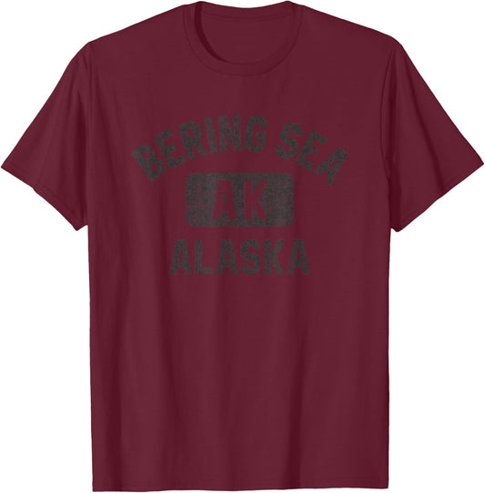 Bering Sea Alaska Gym Style Distressed Black Print T-Shirt - T-Shirt | Maroon