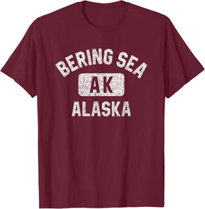 Bering Sea Alaska Gym Style Distressed White Print T-Shirt - T-Shirt | Maroon