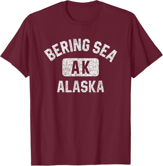 Bering Sea Alaska Gym Style Distressed White Print T-Shirt - T-Shirt | Maroon
