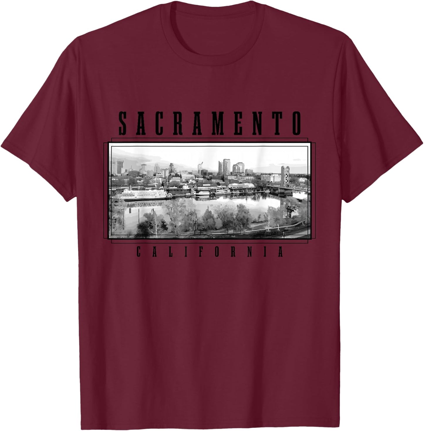 Sacramento California Vintage USA Souvenir Skyline T-Shirt - T-Shirt | Maroon