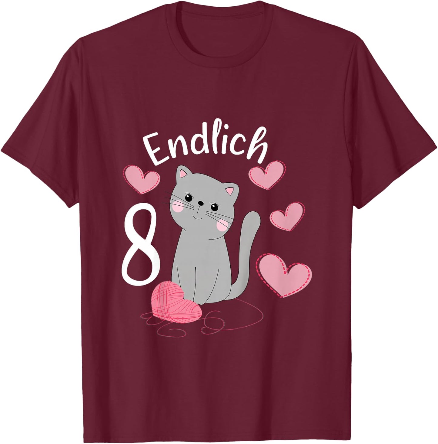 Children's Cute Cat Birthday Shirt Finally 8 Years Girls' , black T-Shirt - T-Shirt | Maroon