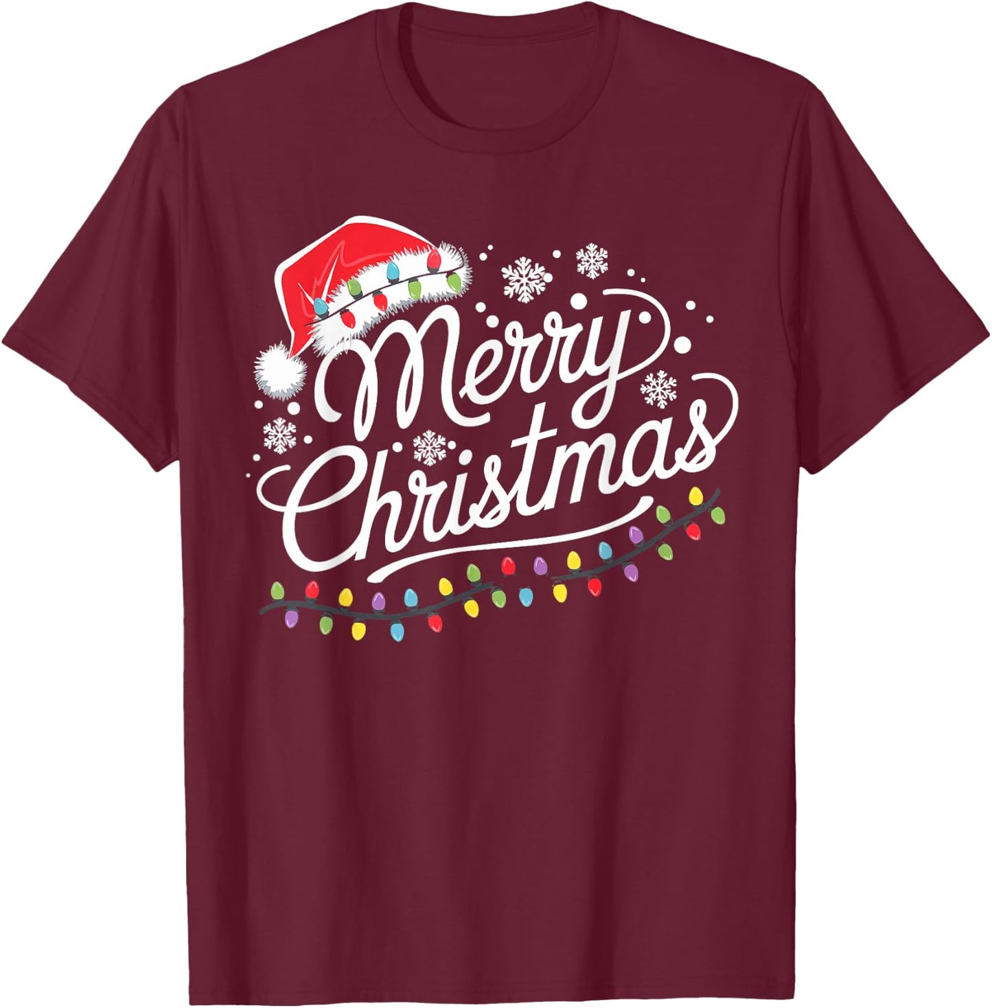 Merry Christmas Lights Red Santa Hat Xmas Family Men Women T-Shirt - T-Shirt | Maroon