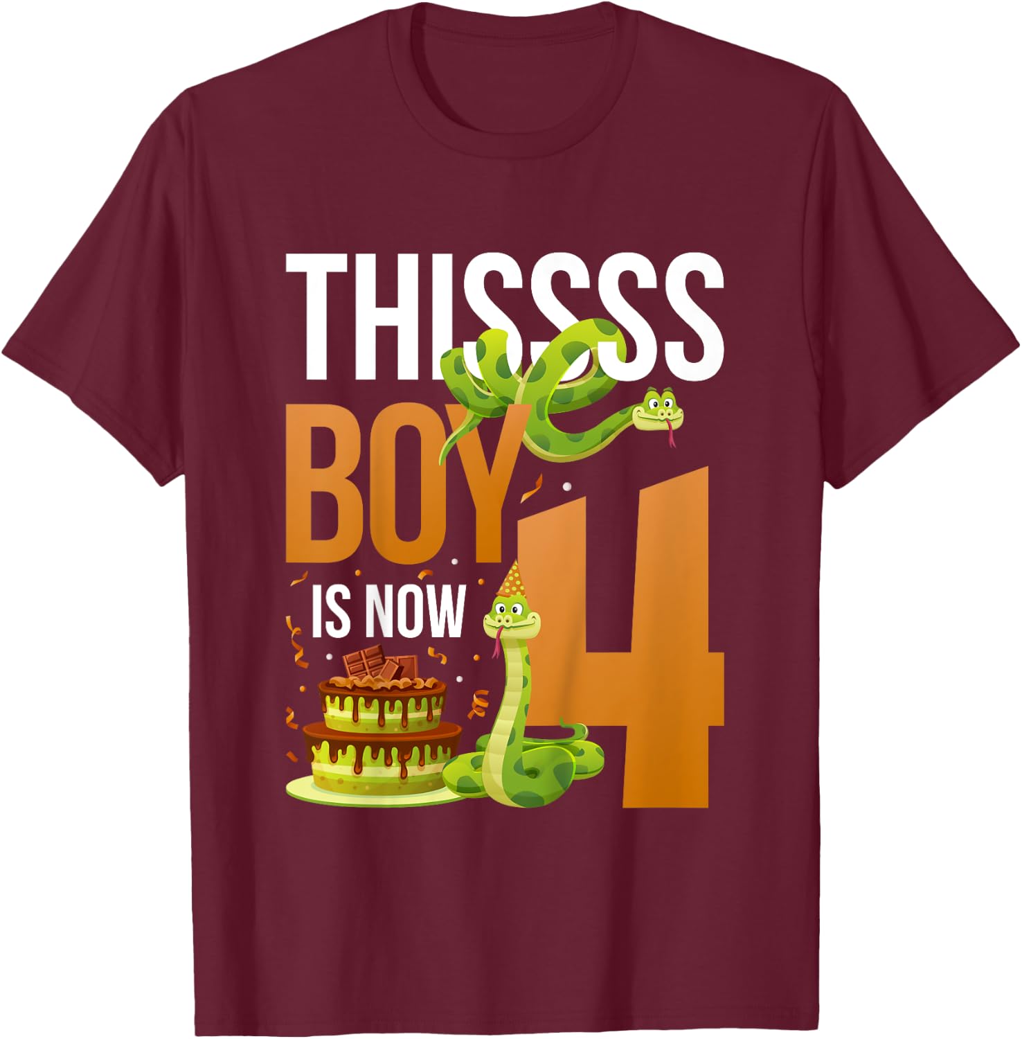 Kids 4th Reptile Birthday 4 Year Old Boy Snake Birthday Party T-Shirt - T-Shirt | Maroon