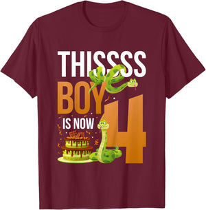 Kids 4th Reptile Birthday 4 Year Old Boy Snake Birthday Party T-Shirt - T-Shirt | Maroon