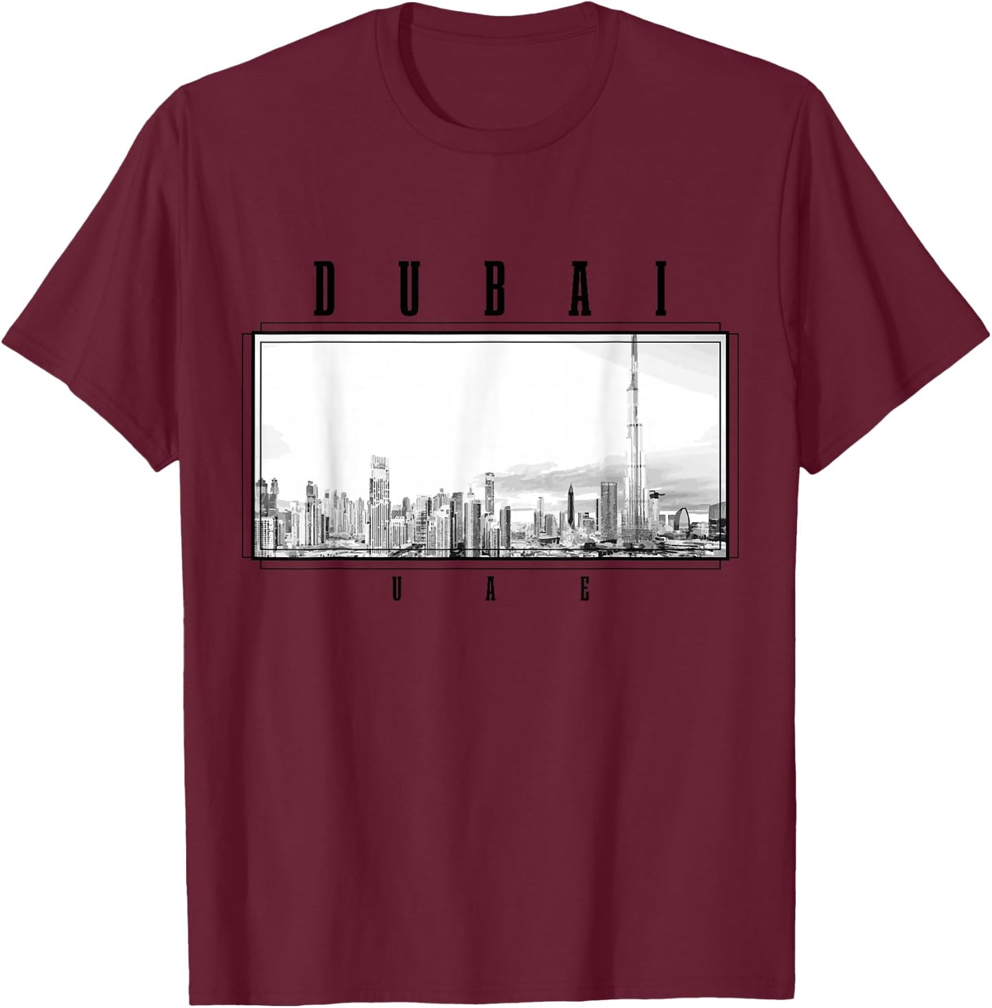 Dubai Vintage Skyline Black and White UAE Vintage Dubai T-Shirt - T-Shirt | Maroon