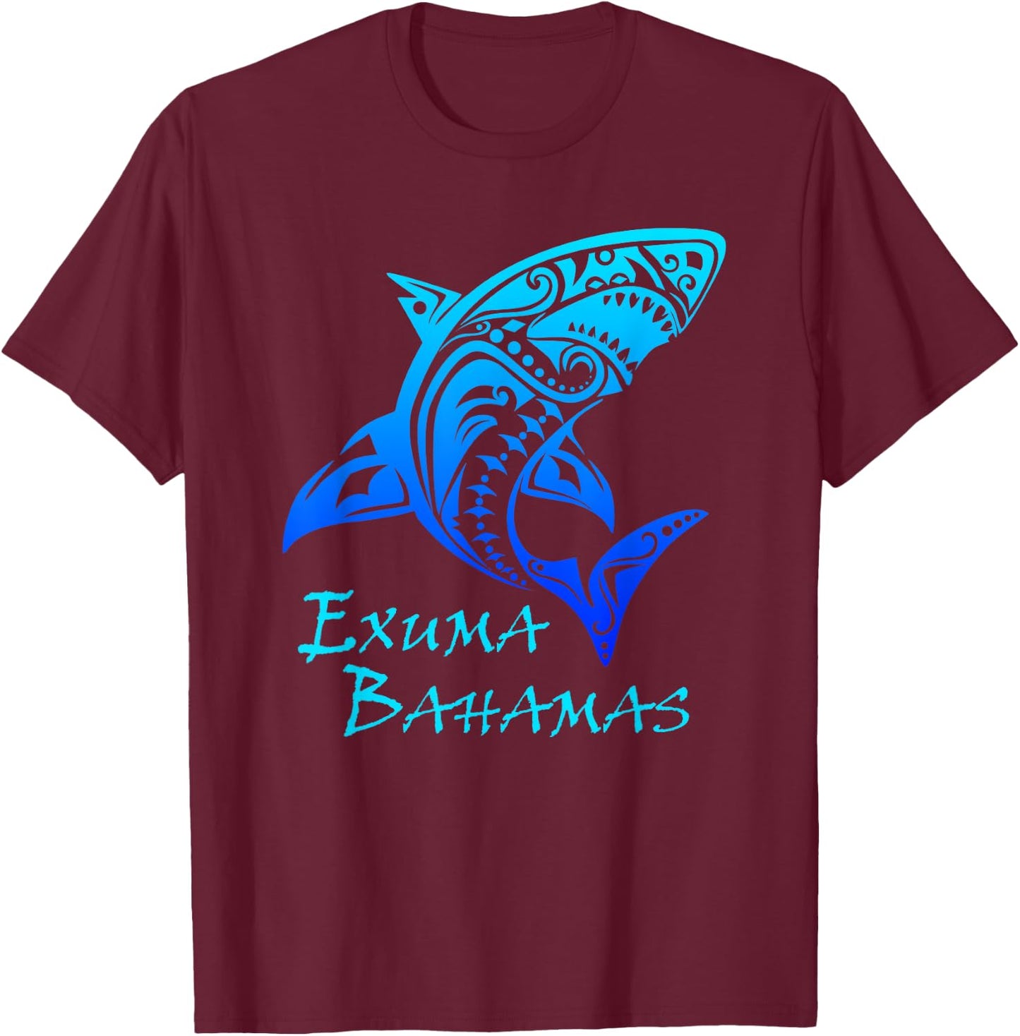 Exuma Bahamas Tribal Shark Polynesian Tattoo Style Vacation T-Shirt - T-Shirt | Maroon