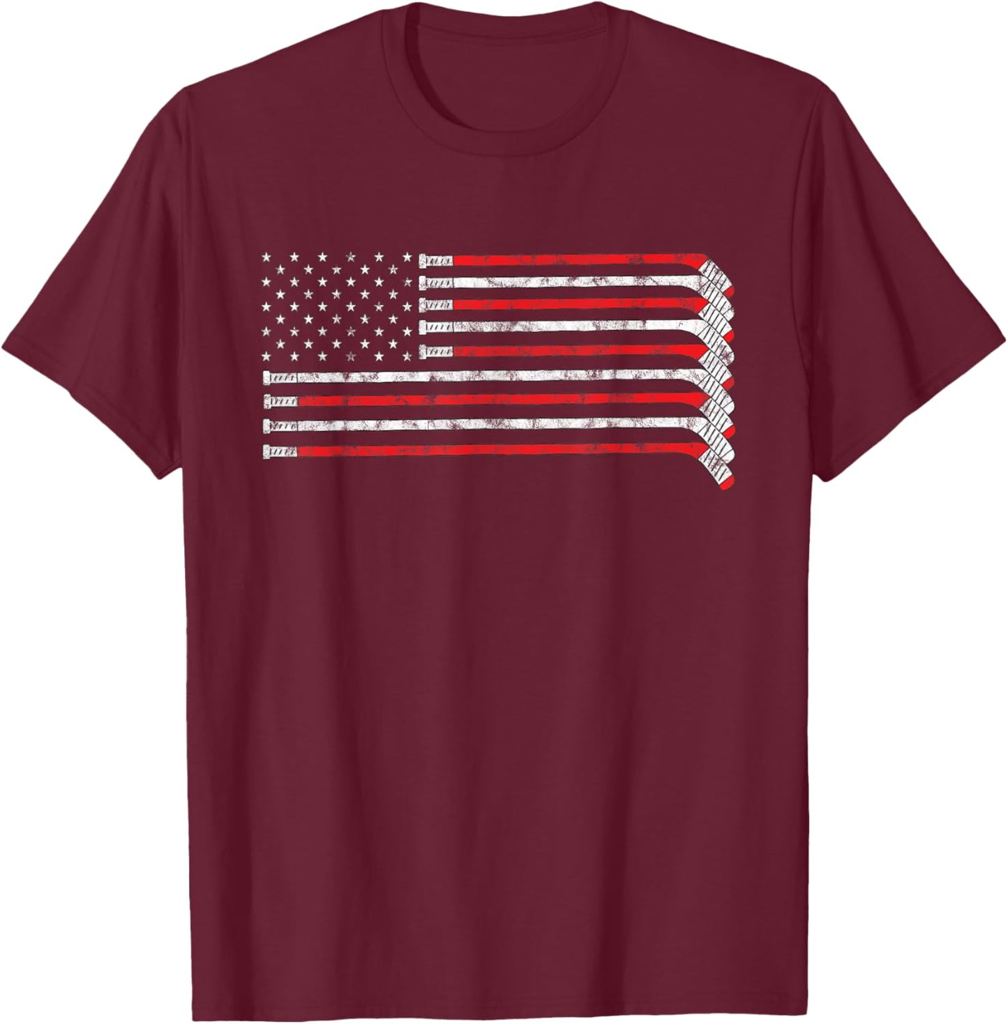 Hockey Stick USA Flag Faded Hockey Player T-Shirt - T-Shirt | Maroon