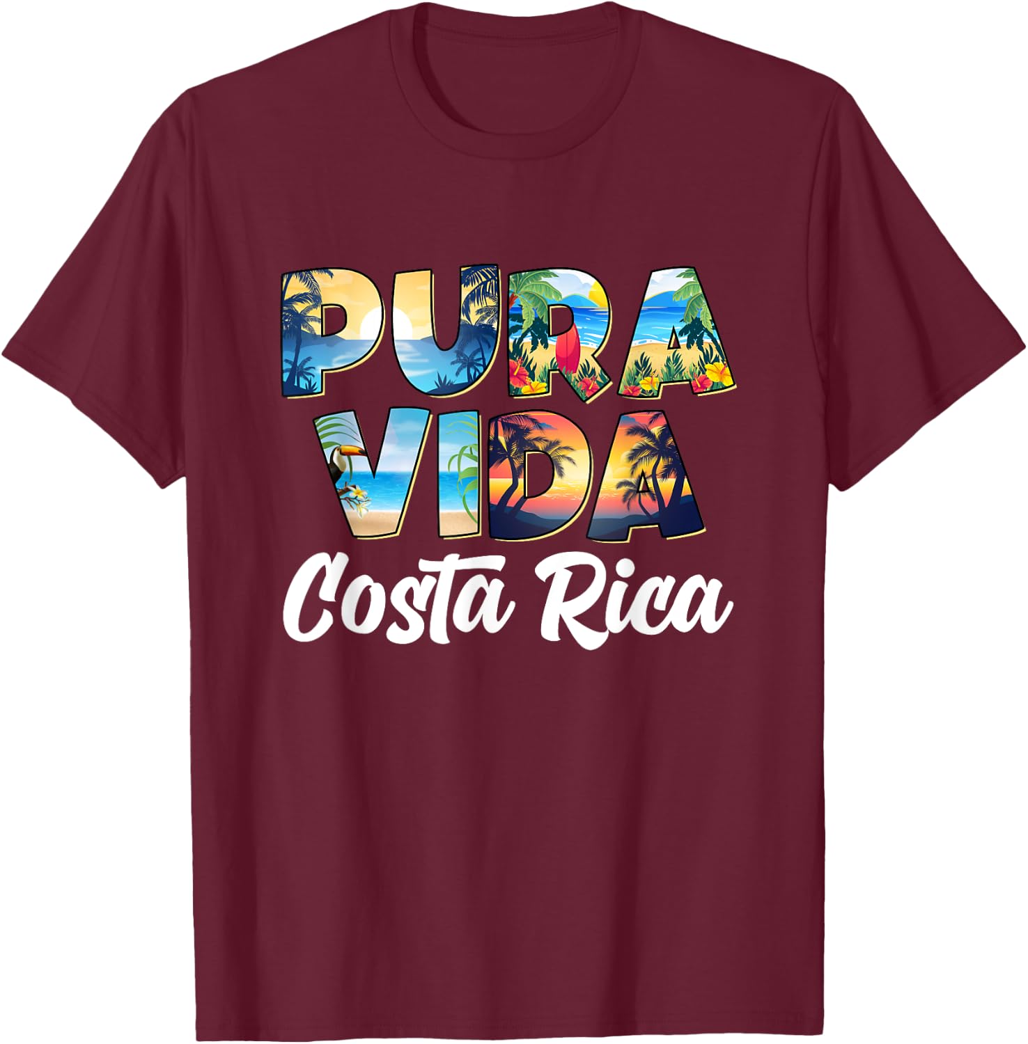 Pura Vida Costa Rica Souvenir - Cool Travel Central America , Black, S T-Shirt - T-Shirt | Maroon