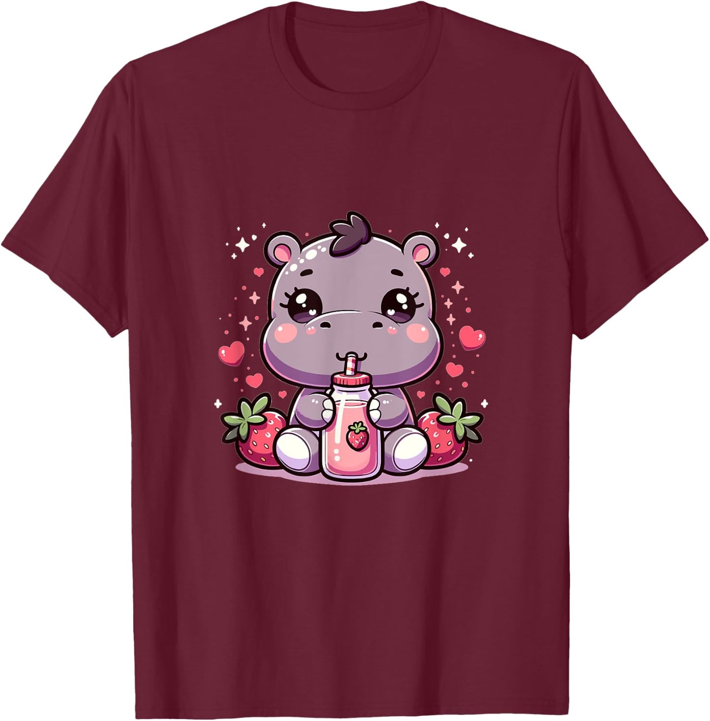 Cute Japanese Kawaii Style Hippo Drinking Strawberry Milk T-Shirt - T-Shirt | Maroon