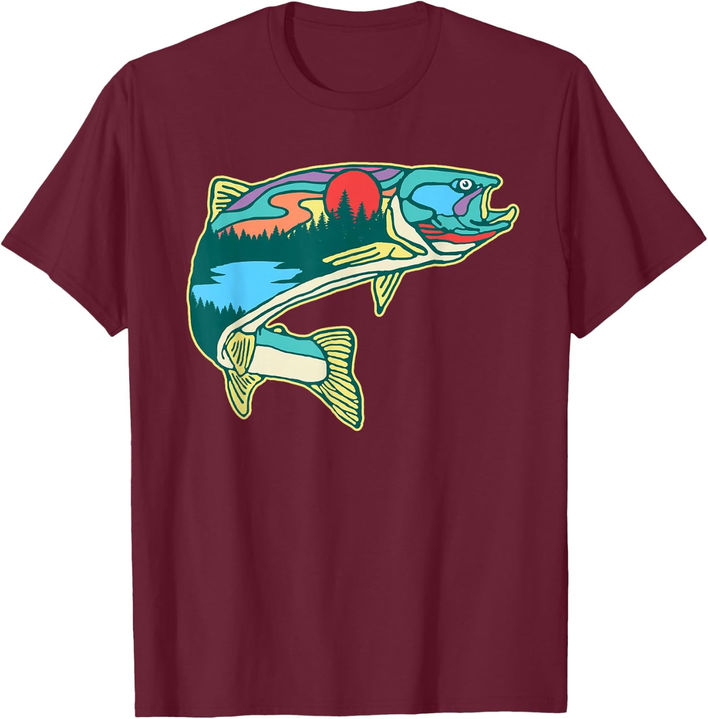 Nature Trout Illustration Vintage Fly Fishing Retro Graphic T-Shirt - T-Shirt | Maroon