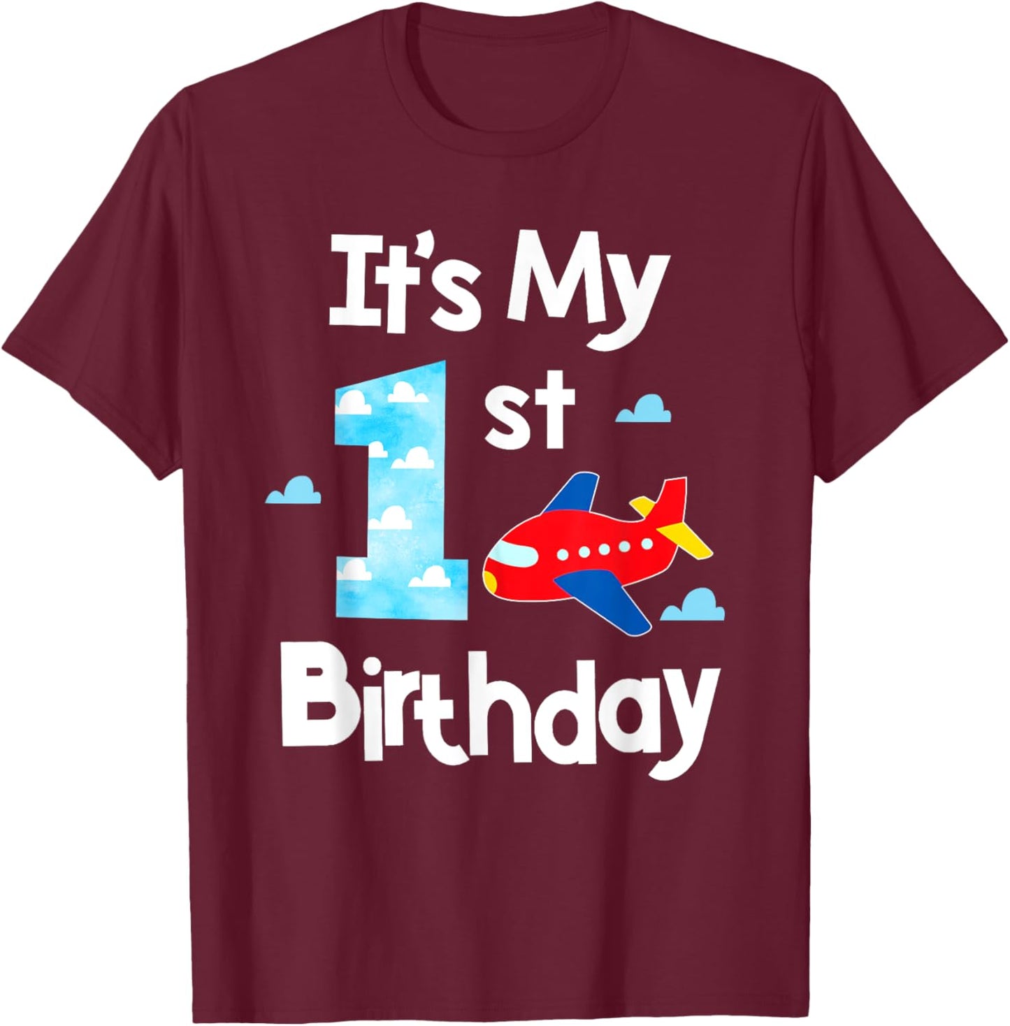 It's My 1st Birthday Airplane Pilot 1 Years Old Boy Girl T-Shirt - T-Shirt | Maroon