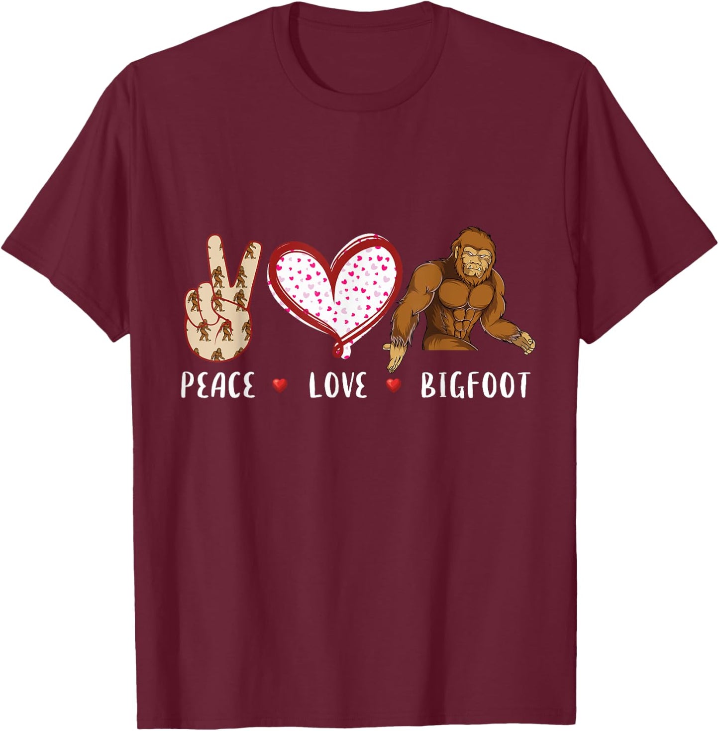 Peace Love Bigfoot camping women kids Sasquatch T-Shirt - T-Shirt | Maroon