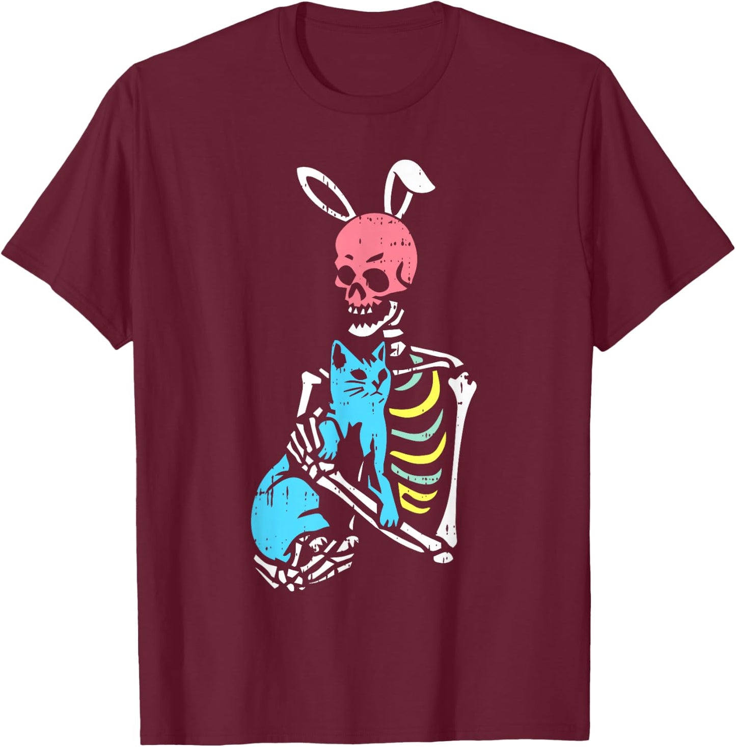 Skeleton Hug Cat Easter Bunny Ears Spring Men Women Kids T-Shirt - T-Shirt | Maroon