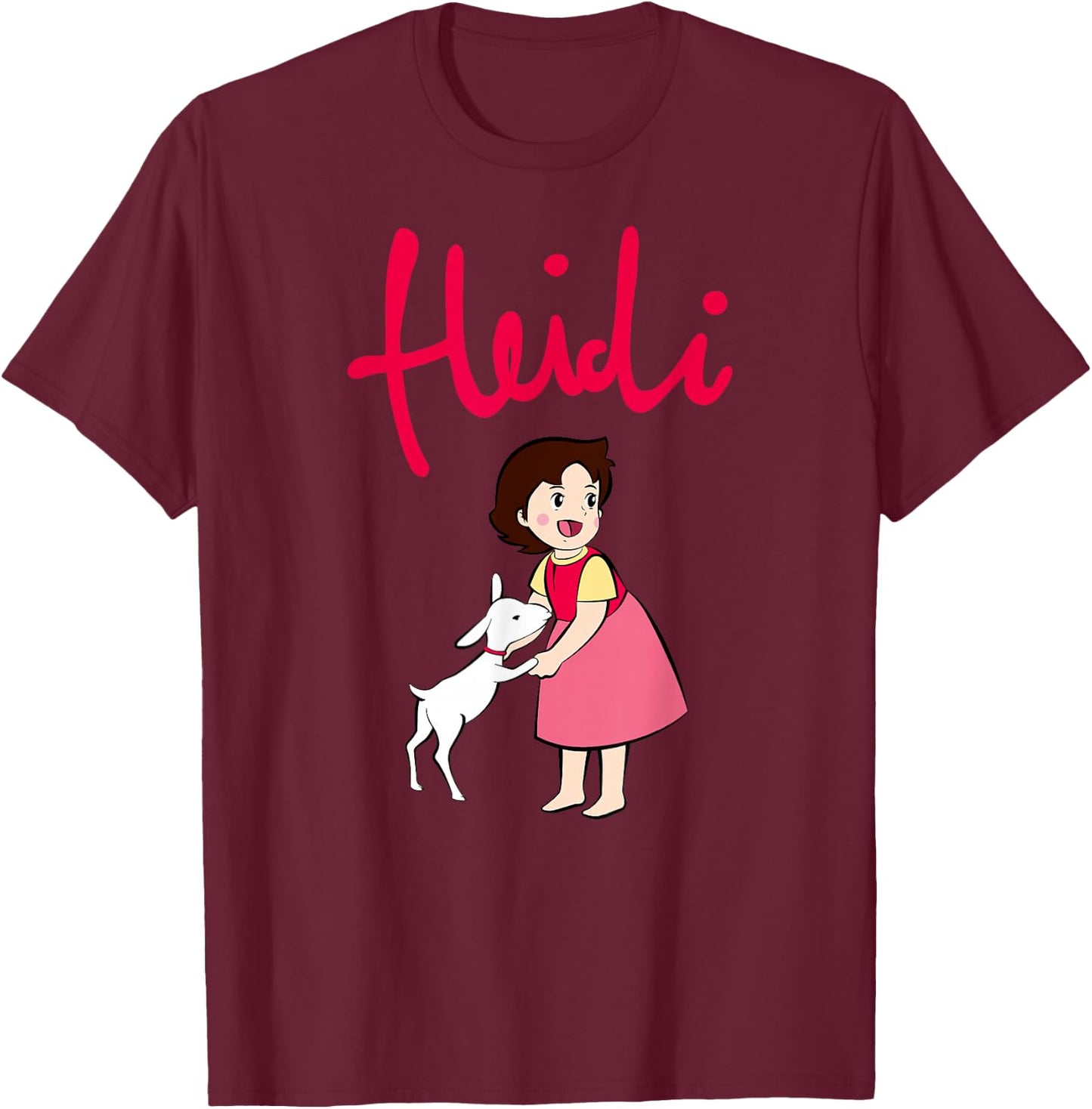 Heidi With Cute Goat With Pink Logo Cartoon , Black, S T-Shirt - T-Shirt | Maroon