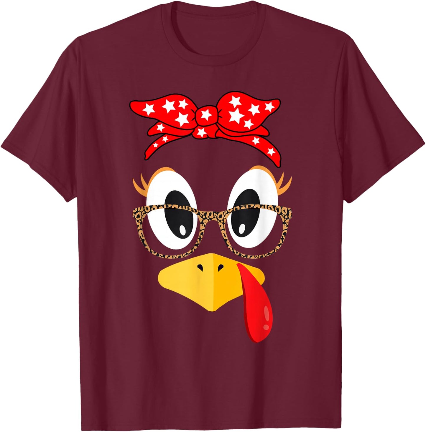 Thanksgiving Turkey Face Leopard Print Glasses Women Girls T-Shirt - T-Shirt | Maroon