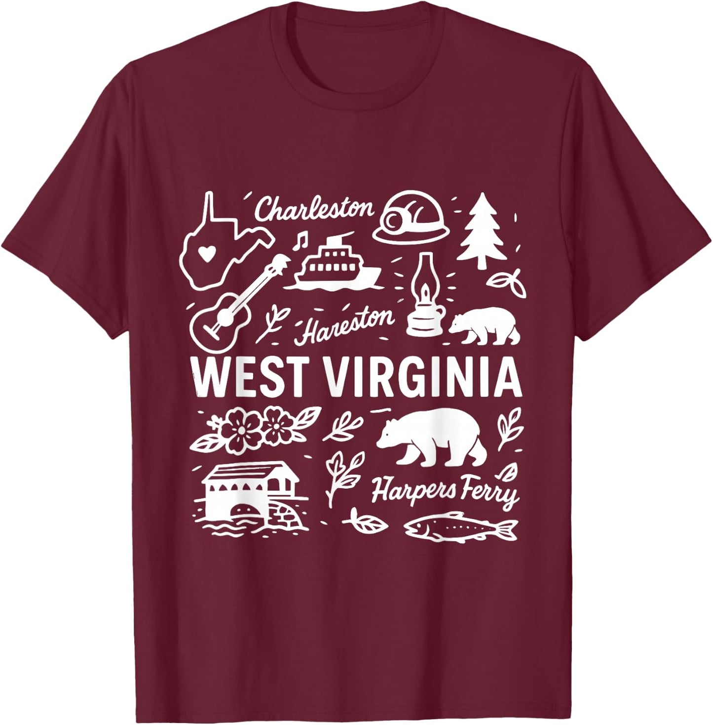 West Virginia USA State Symbols Vintage Souvenir Cute Doodle T-Shirt - T-Shirt | Maroon