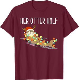 Funny His and Her Otter Half Santa Matching Couple Pajamas T-Shirt - T-Shirt | Maroon
