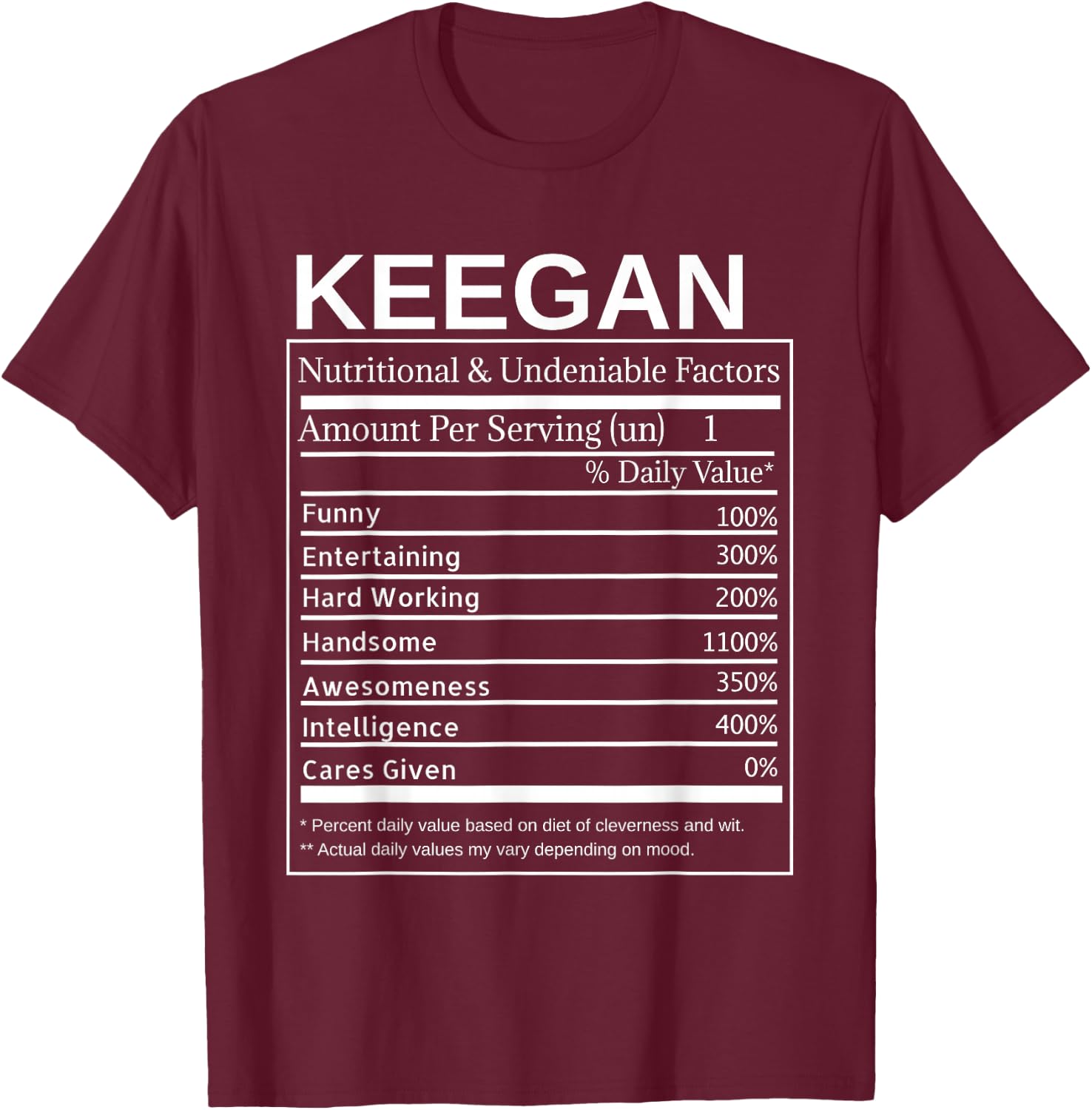 Keegan Facts Label Funny Name Personality Design T-Shirt - T-Shirt | Maroon