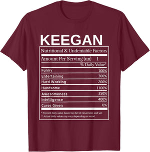 Keegan Facts Label Funny Name Personality Design T-Shirt - T-Shirt | Maroon