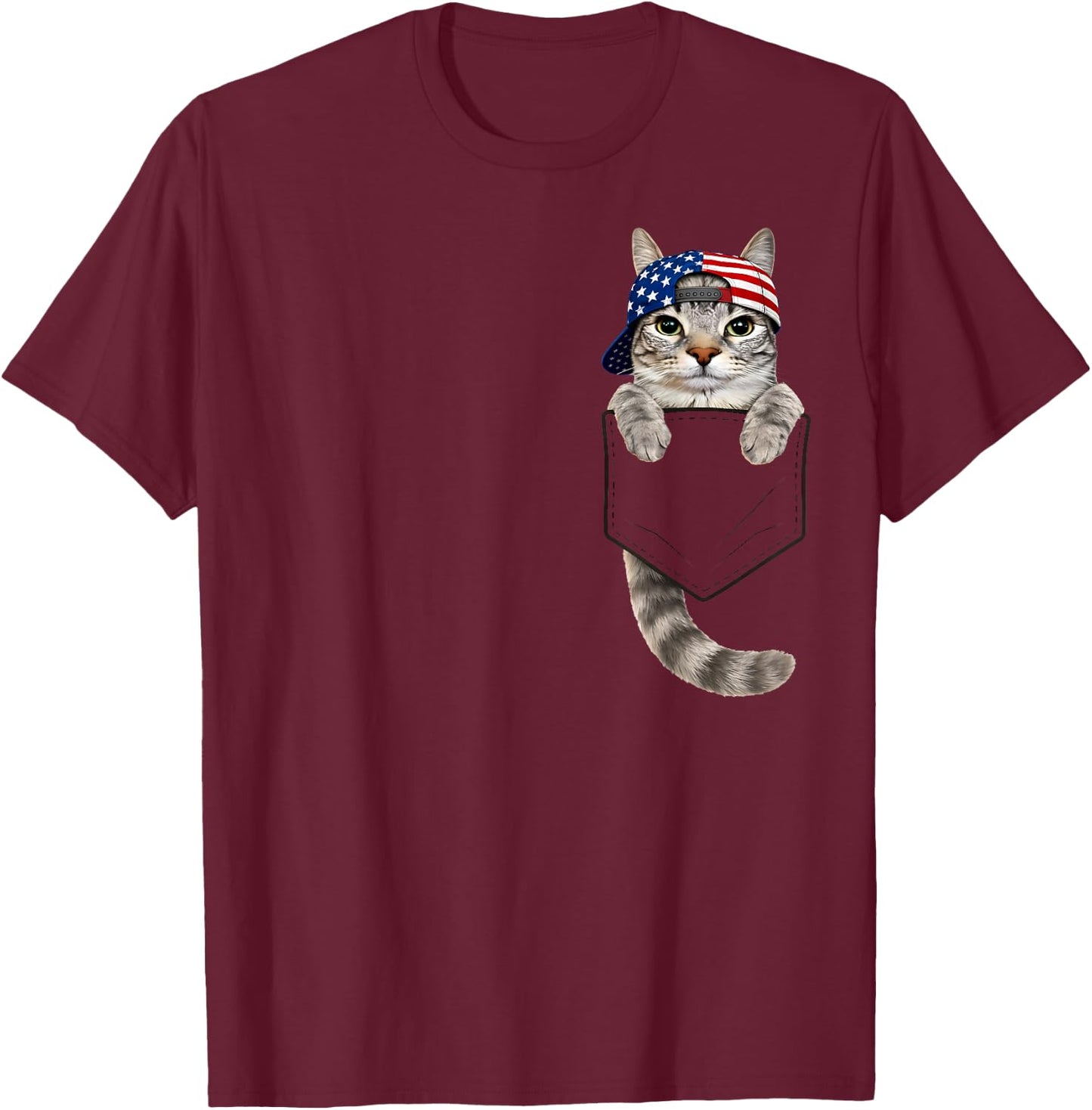 Cute Tabby Cat Pocket 4th July Patriotic 250 Anniversary USA T-Shirt - T-Shirt | Maroon