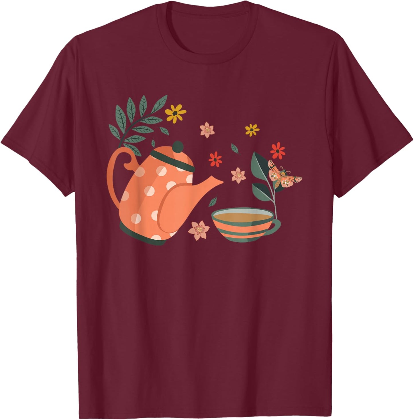 Elegant Tea Time Teapot Floral Wreath T-Shirt - T-Shirt | Maroon