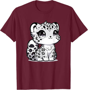 Adorable Cute Japanese Kawaii Chibi Snow Leopard T-Shirt - T-Shirt | Maroon