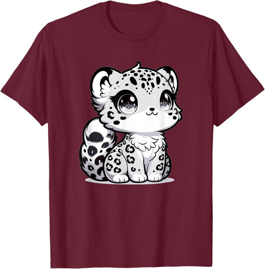 Adorable Cute Japanese Kawaii Chibi Snow Leopard T-Shirt - T-Shirt | Maroon