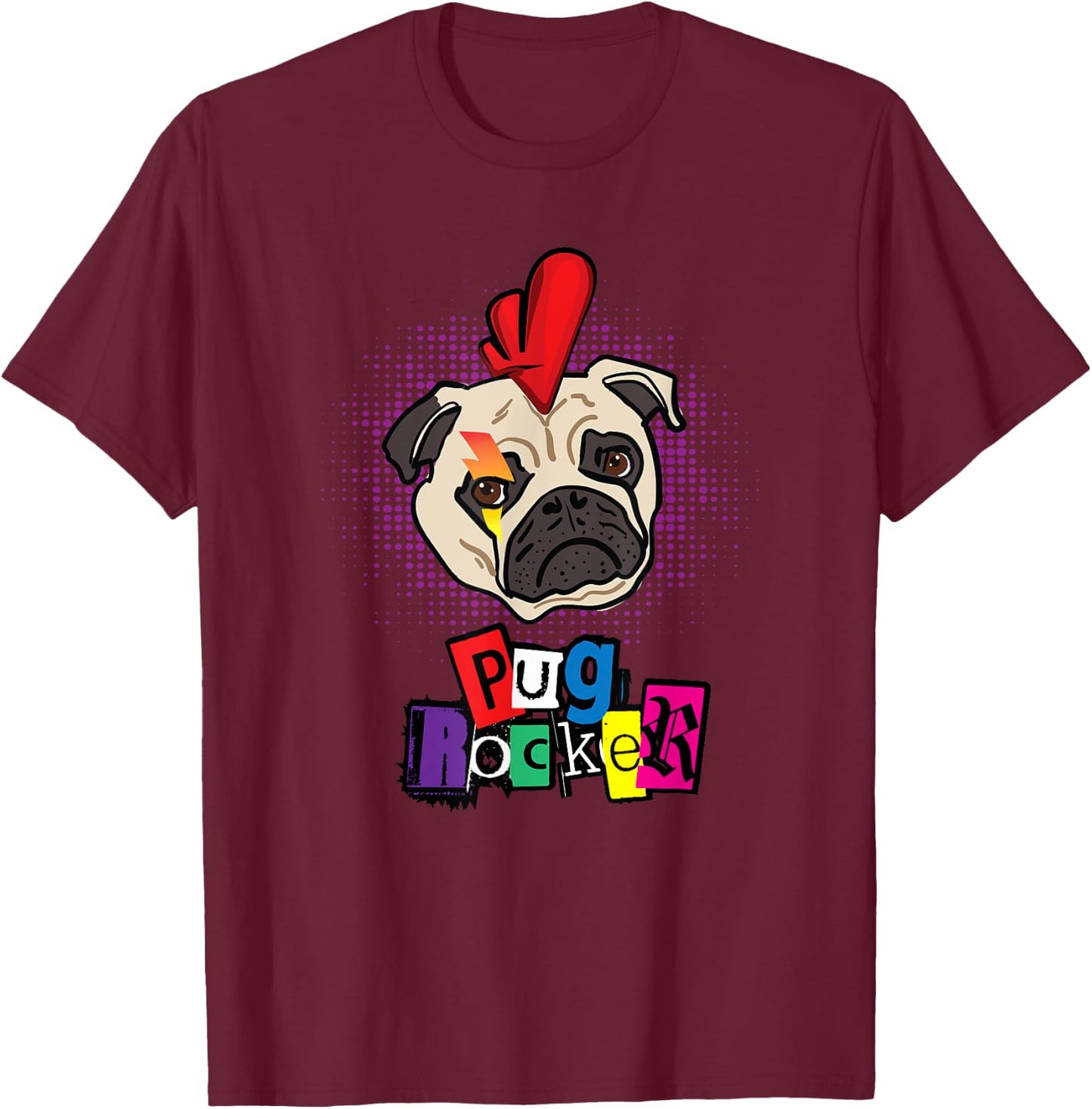 Pug Dog Pug Rocker Punk Rock Funny Cute T Shirt Women Kids T-Shirt - T-Shirt | Maroon