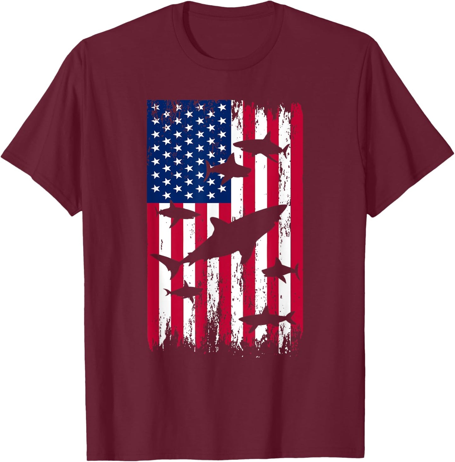 American Flag Shark T-Shirt - T-Shirt | Maroon