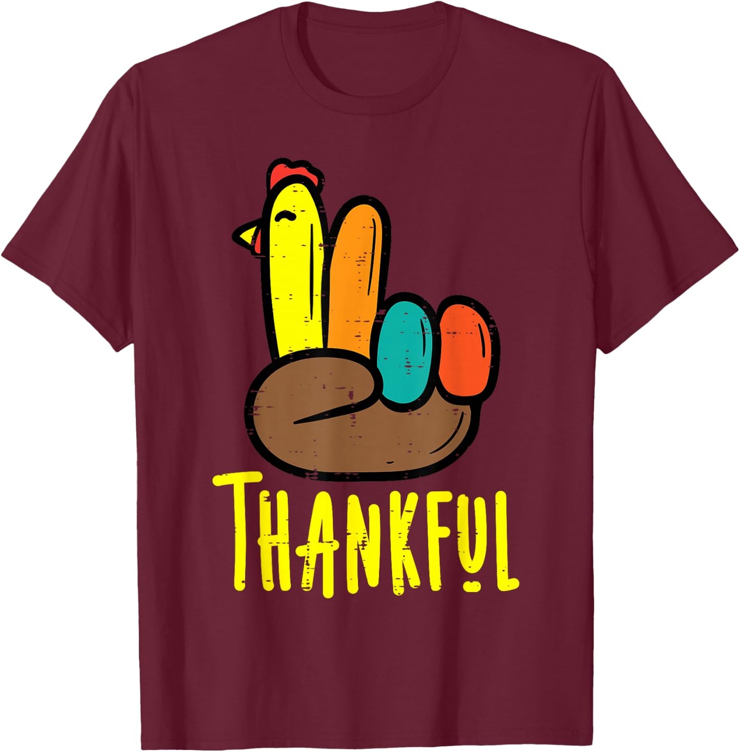 Thanksgiving Turkey Peace Hand Thankful Fall Men Women Kids T-Shirt - T-Shirt | Maroon