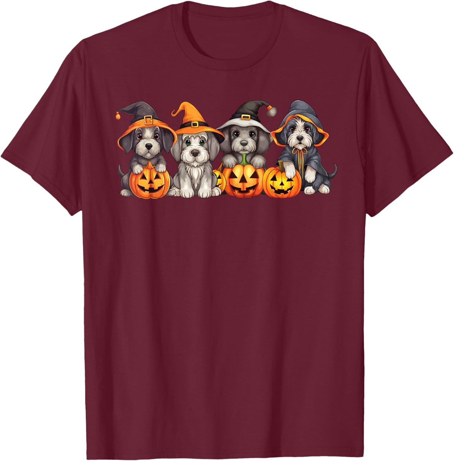 Cute Spooky Schnauzer Dog Puppies Witch Pumpkin Halloween T-Shirt - T-Shirt | Maroon