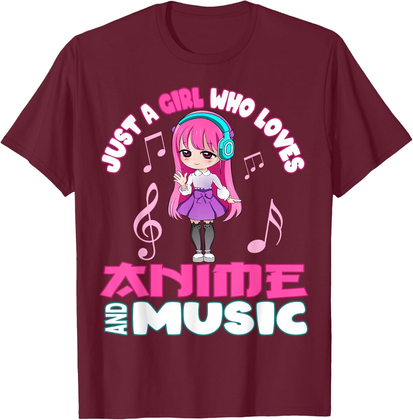 Funny Anime and Music Girl for Teen chibi graphic T-Shirt - T-Shirt | Maroon