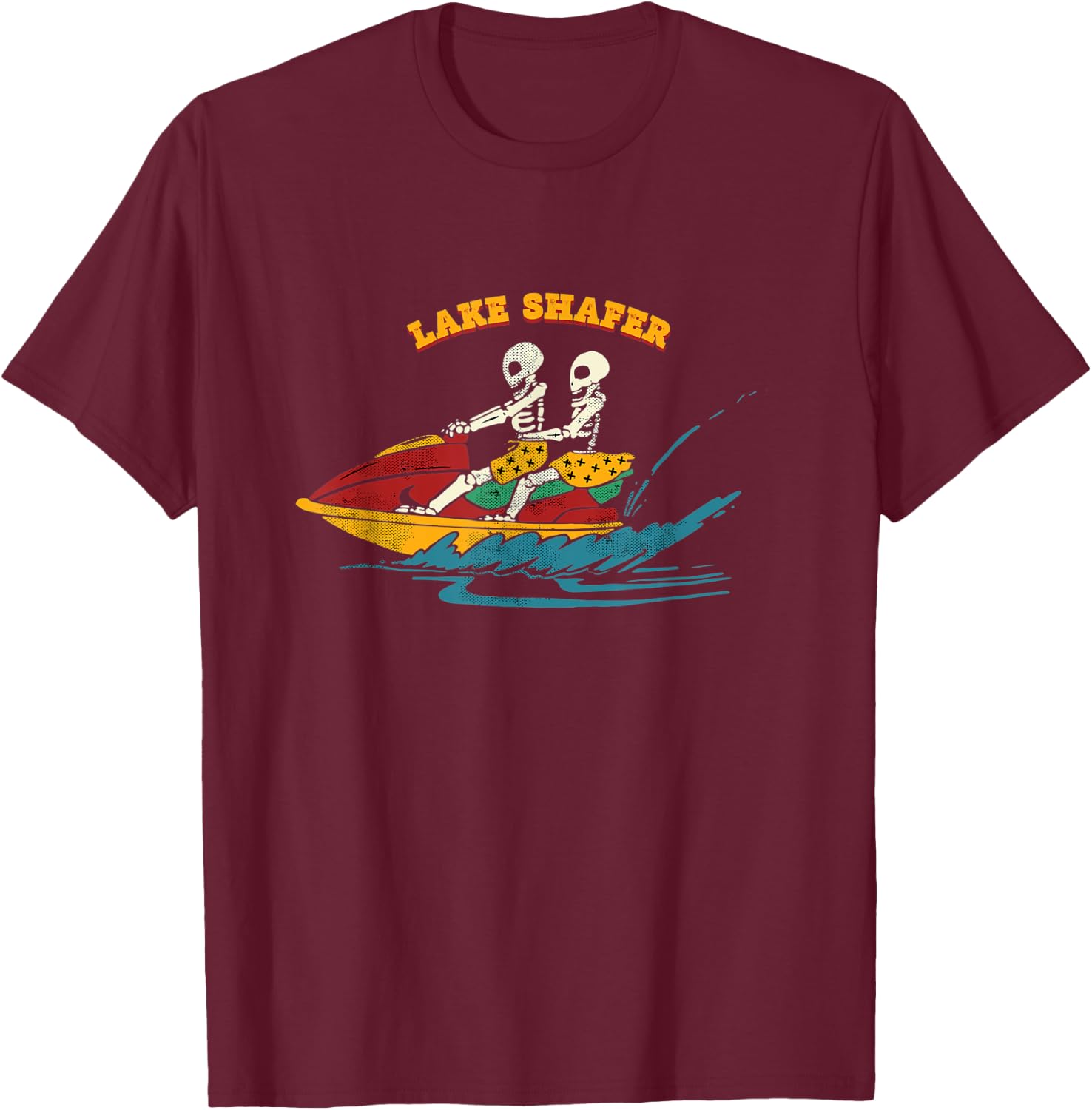Lake Shafer Indiana Funny Skeleton Jet Ski Retro T-Shirt - T-Shirt | Maroon