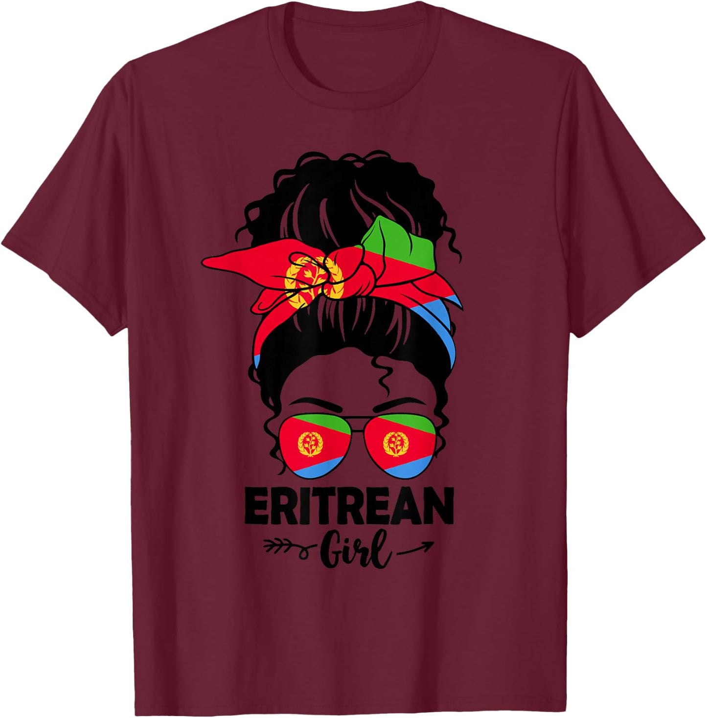 Messy Bun Eritrean Girl & Eritrea Flag Glasses Bandana BHM T-Shirt - T-Shirt | Maroon