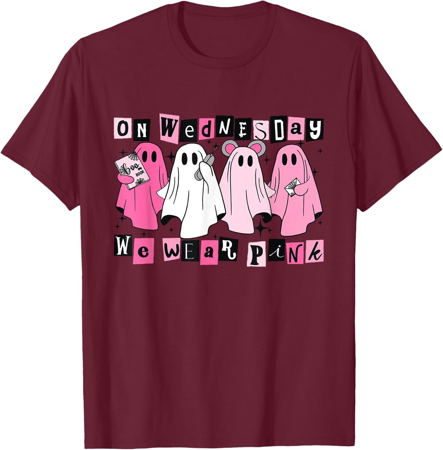 On Wednesday We Wear Cute Pink Ghost Halloween T-Shirt - T-Shirt | Maroon