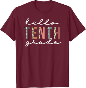 Hello Tenth Grade Leopard Teacher 10th Grade Back to School T-Shirt - T-Shirt | Maroon