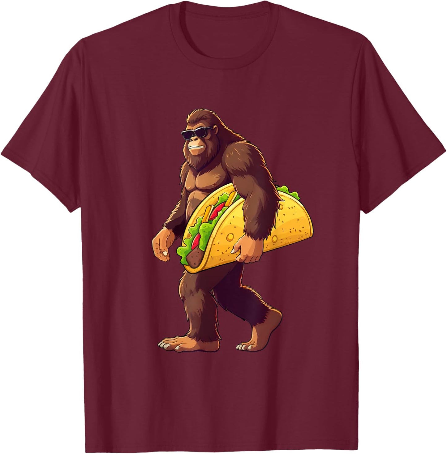 Bigfoot Carrying Taco Funny Taco Lover Boys Men Sasquatch T-Shirt - T-Shirt | Maroon