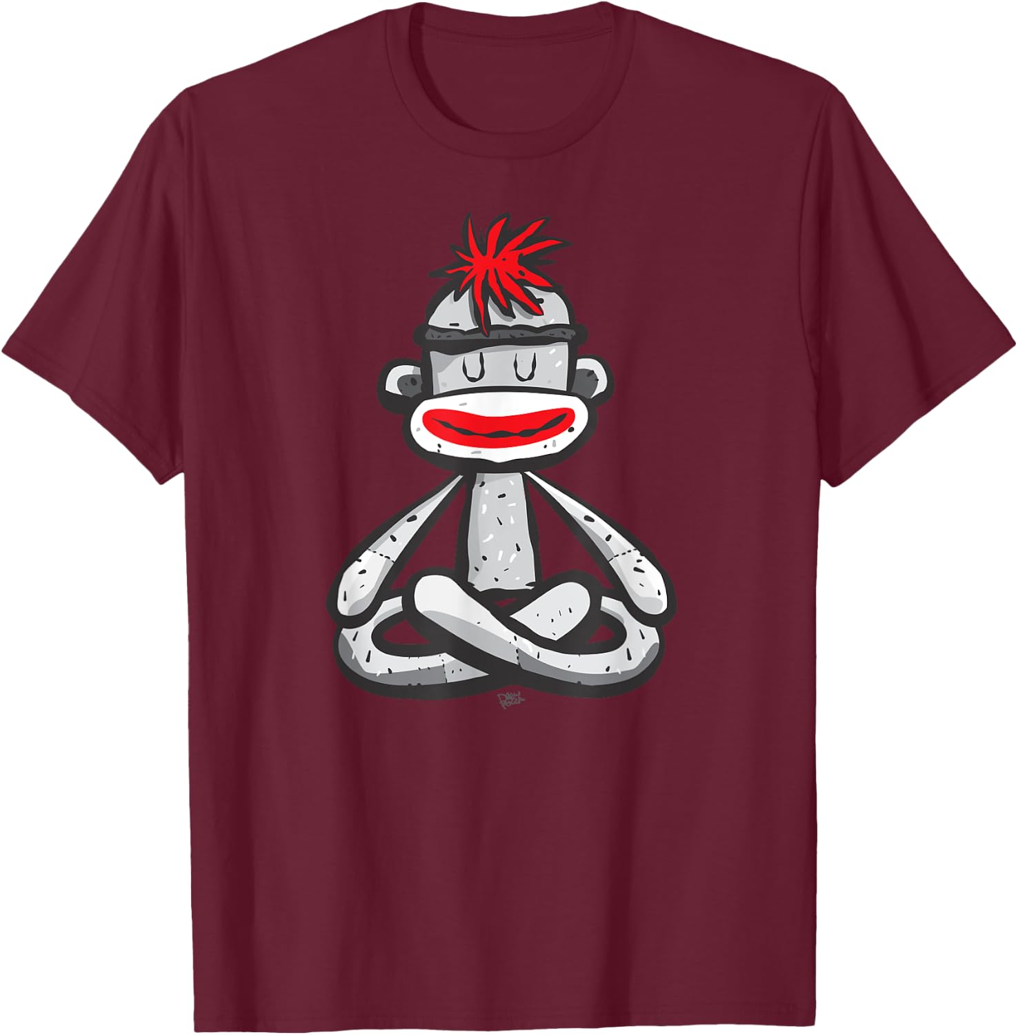 Sock Monkey in Seated Lotus Yoga Pose Cute Mindfulness Asana T-Shirt - T-Shirt | Maroon