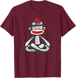 Sock Monkey in Seated Lotus Yoga Pose Cute Mindfulness Asana T-Shirt - T-Shirt | Maroon