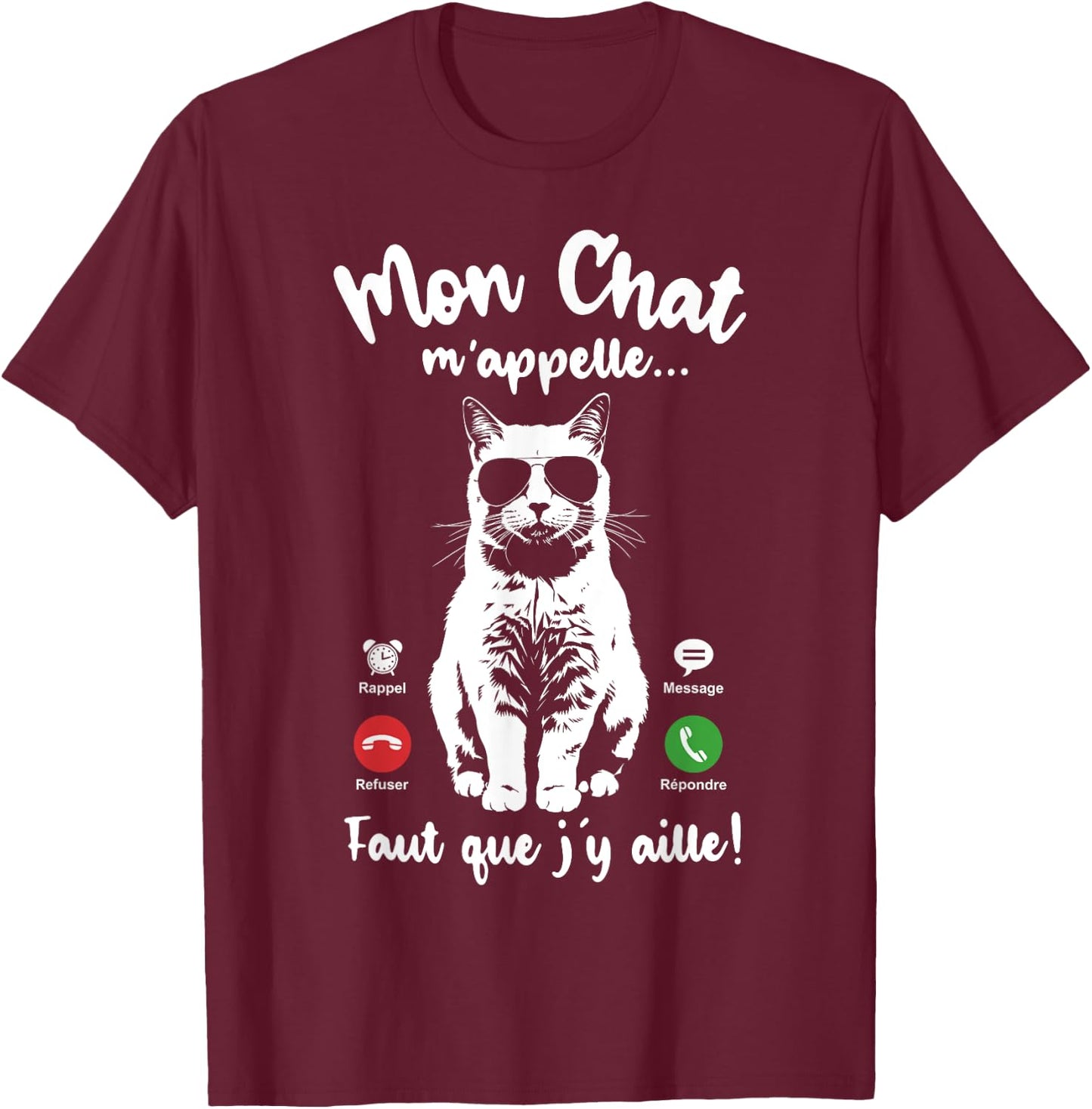 Cat with Glasses Woman Girl Mon Chat m'appelle , Black, S T-Shirt - T-Shirt | Maroon