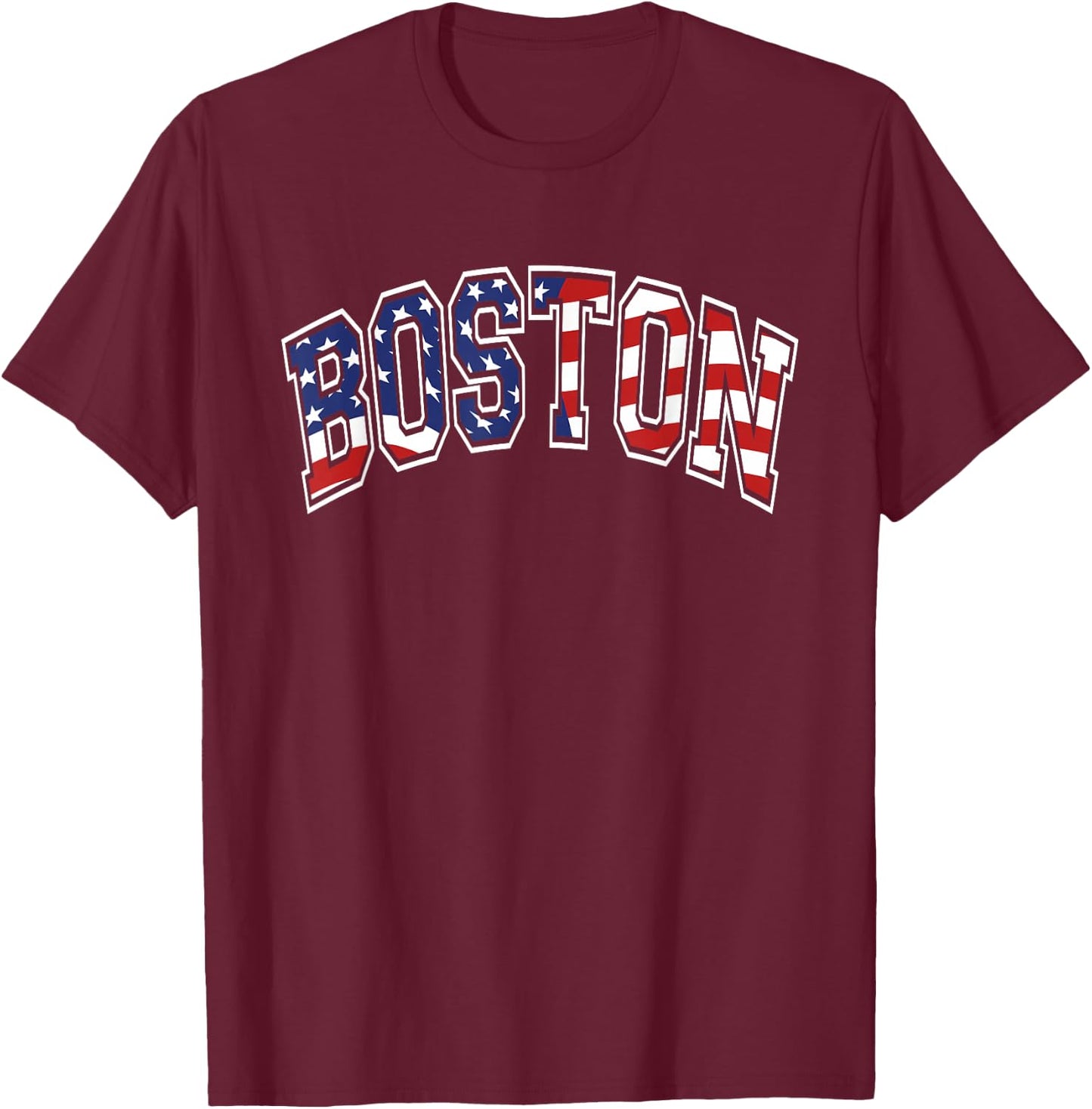 Boston Arched Style Text American Flag Pattern T-Shirt - T-Shirt | Maroon
