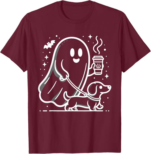 Retro Funny Ghost Walking Dog Spooky Season Halloween T-Shirt - T-Shirt | Maroon