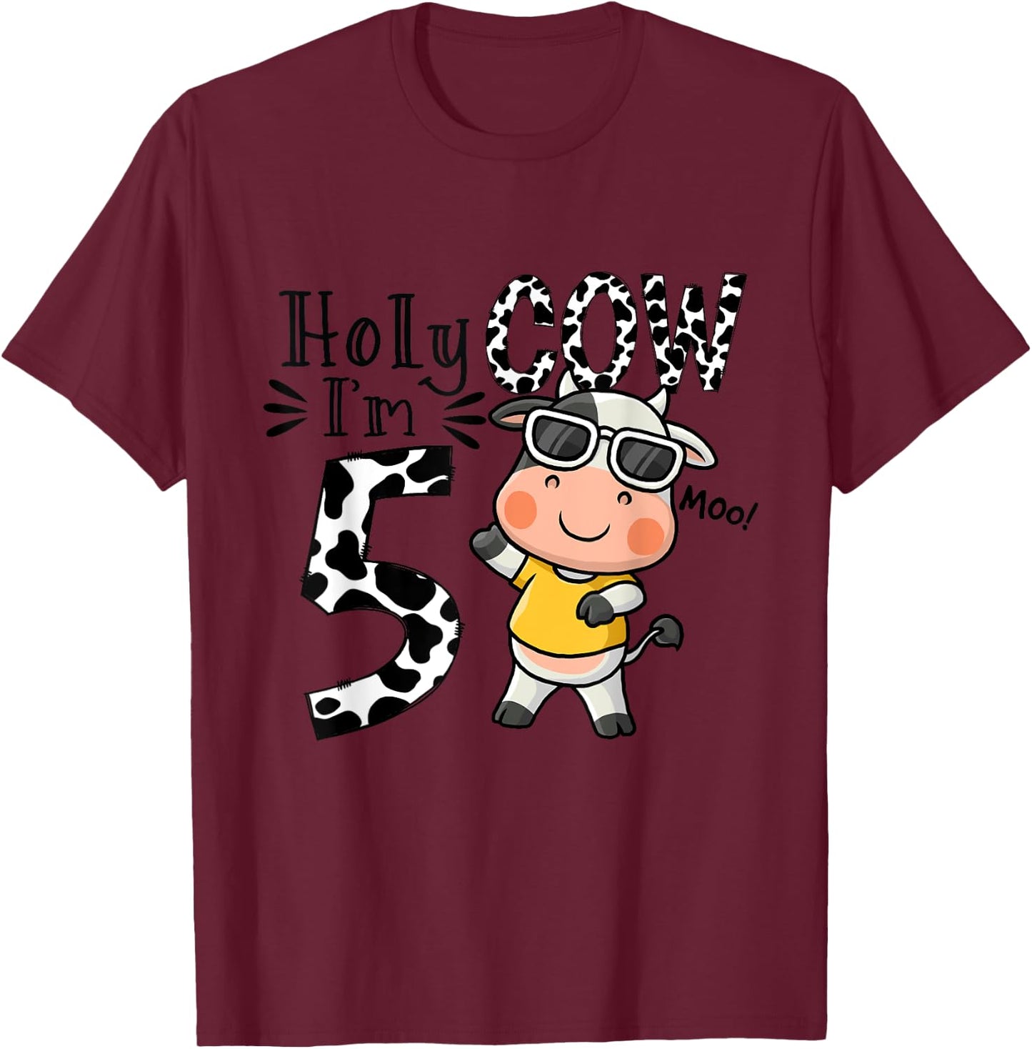 Cute 5th Cow Farm Animals Bday Holy Cow I'm 5 Birthday Boy T-Shirt - T-Shirt | Maroon