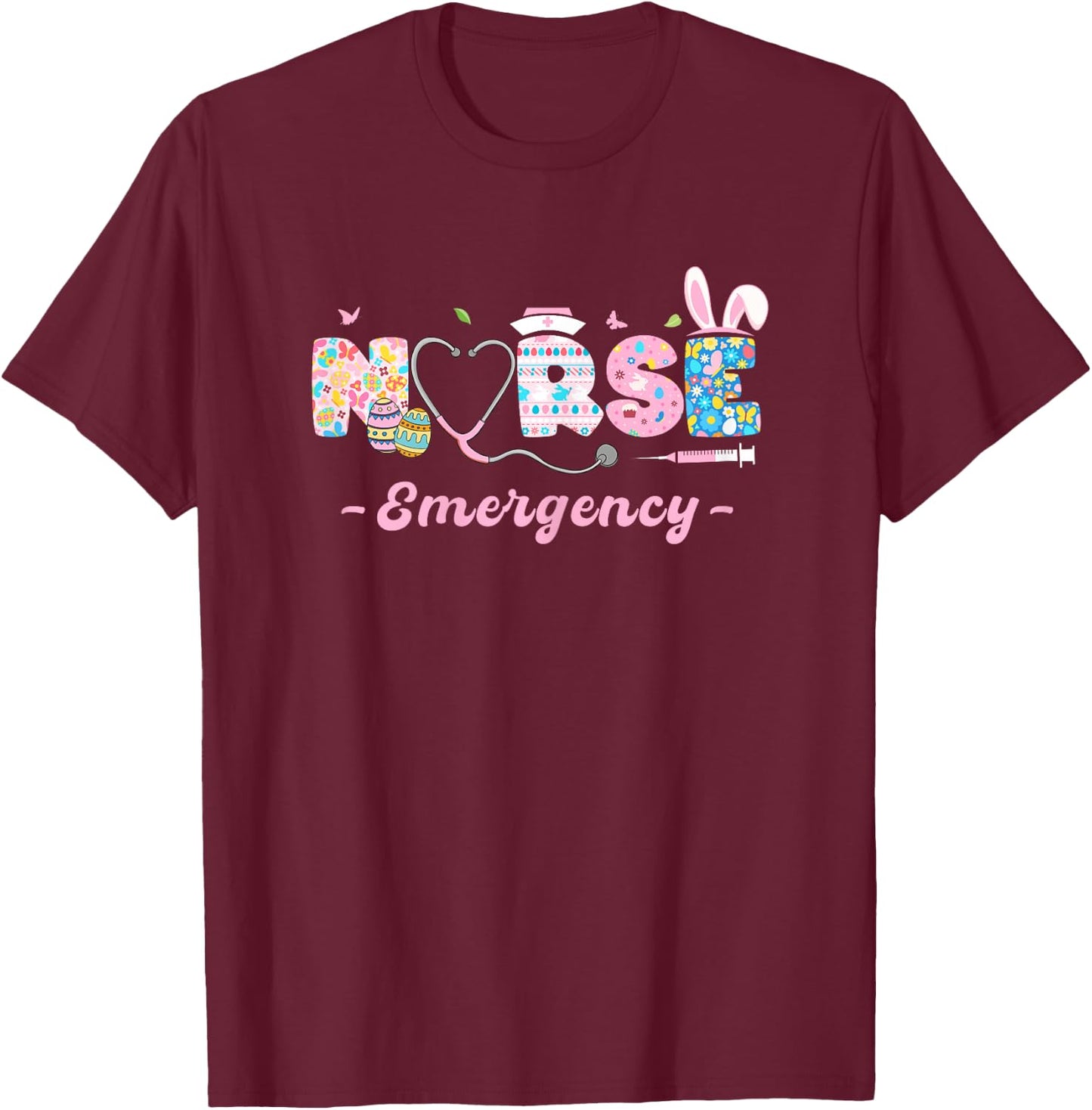 Emergency Nurse Easter Bunny Easter Egg Stethoscope Nurse T-Shirt - T-Shirt | Maroon
