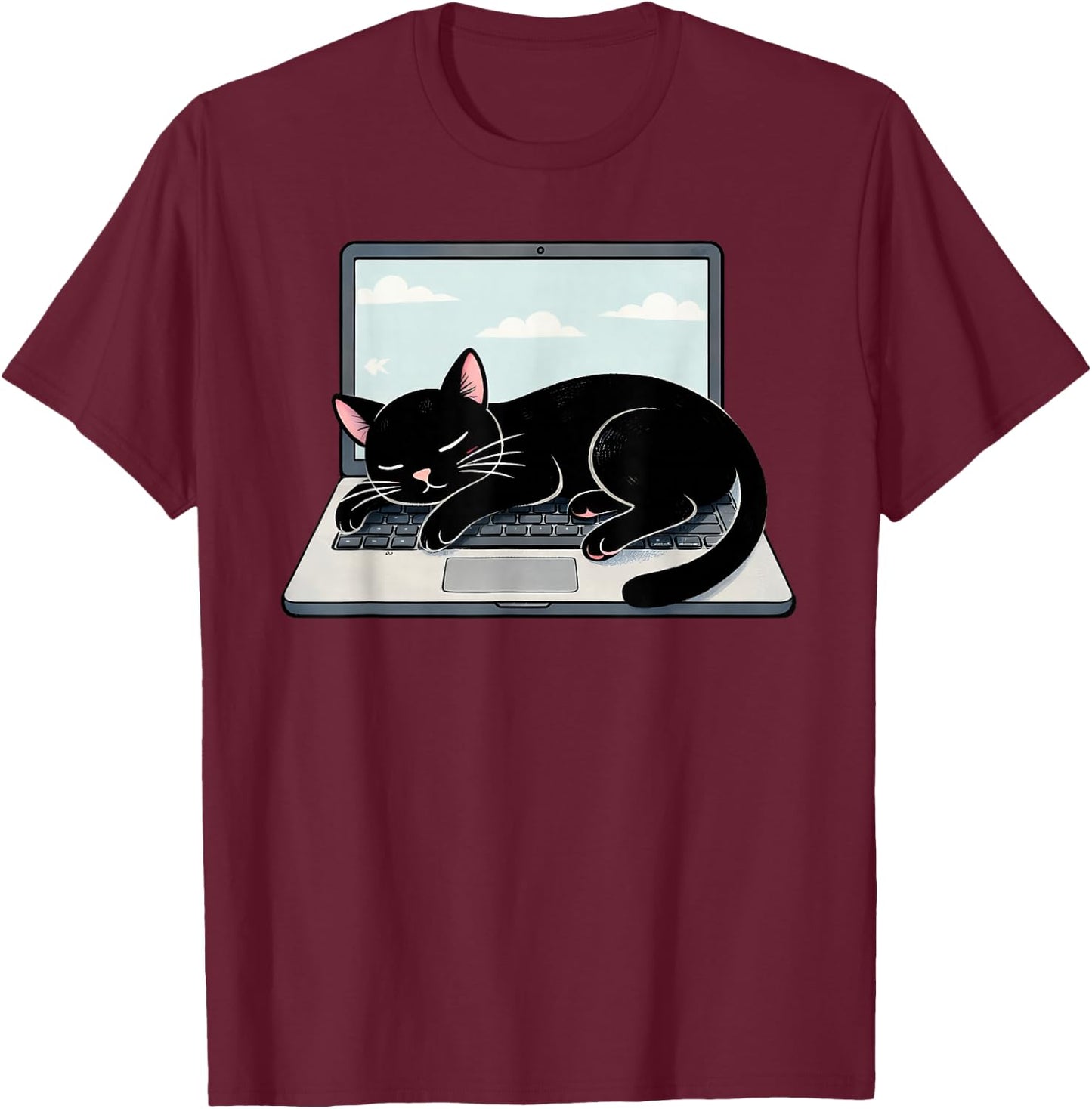 Funny Black Cat Sleeping On Laptop Computer T-Shirt - T-Shirt | Maroon