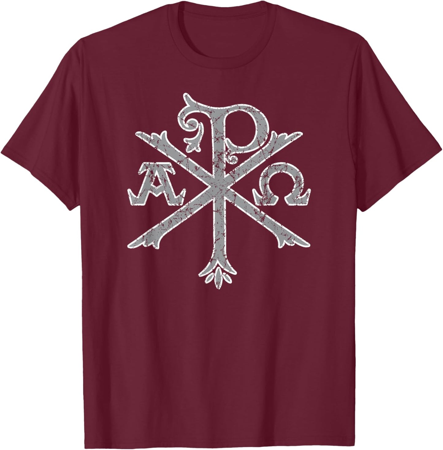 Chi Rho Christogram Alpha and Omega Distressed T-Shirt - T-Shirt | Maroon