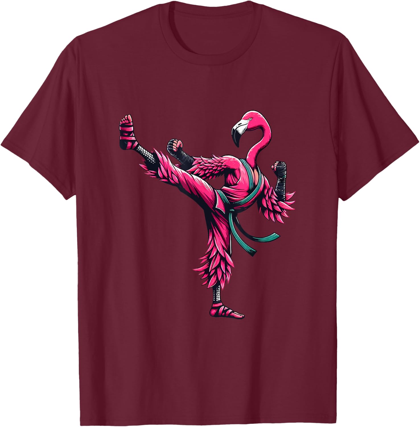 Karate Kicks in Pink Belt Martial Arts Cute Funny Flamingo T-Shirt - T-Shirt | Maroon