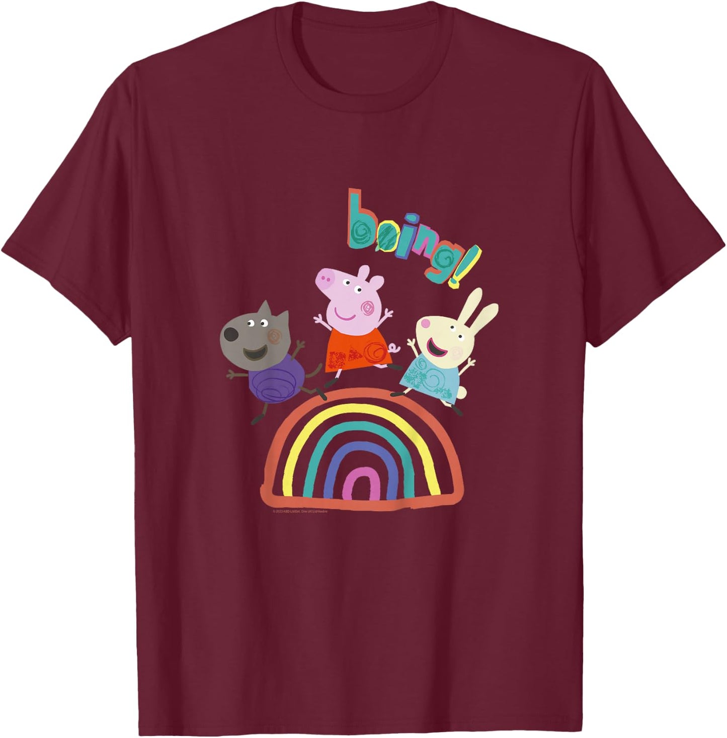 Kids Peppa Pig Boing! Friends Jumping And Having Fun Over Rainbow T-Shirt - T-Shirt | Maroon