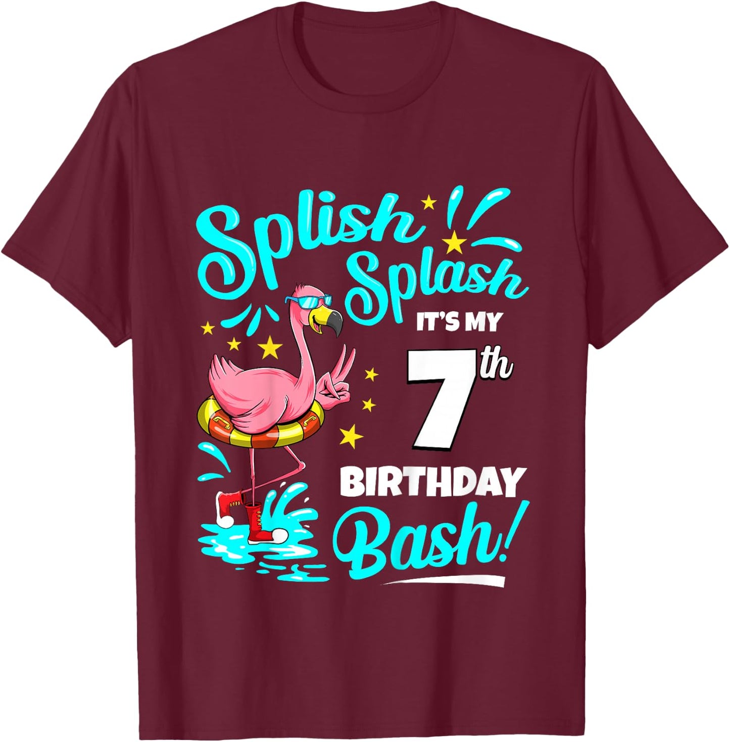 7th Birthday Flamingo 7 Years Old Pool Party Summer T-Shirt - T-Shirt | Maroon