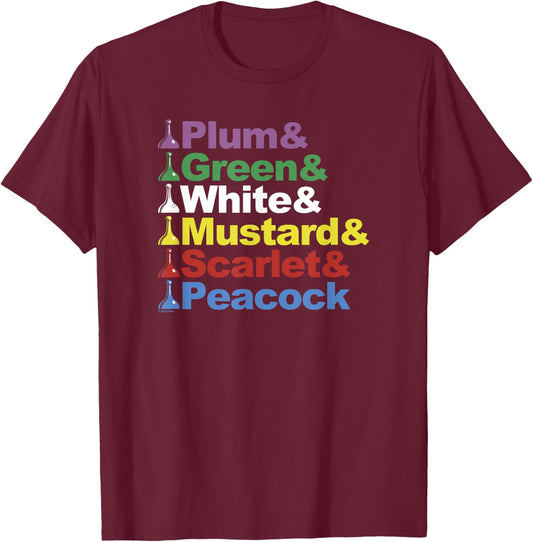 Clue Character Name Stack Game Pieces Big Text Logo T-Shirt - T-Shirt | Maroon